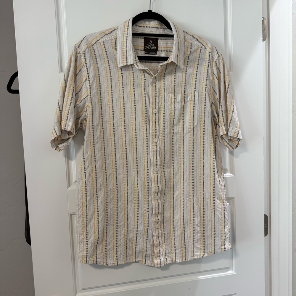 PrAna Brown Yellow Short Sleeve Button Up Organic Cotton Camp Shirt Gorpcore LRG